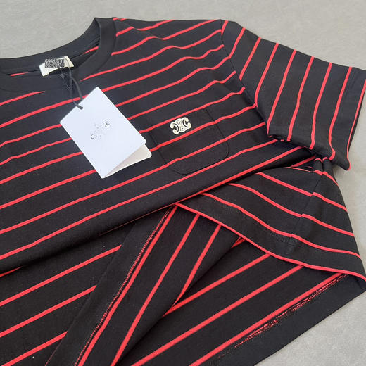CL 2024新款 凯旋门 胸前口袋 刺绣小标 休闲条纹圆领短袖T恤 男女同款 特惠 Z-12092 商品图8