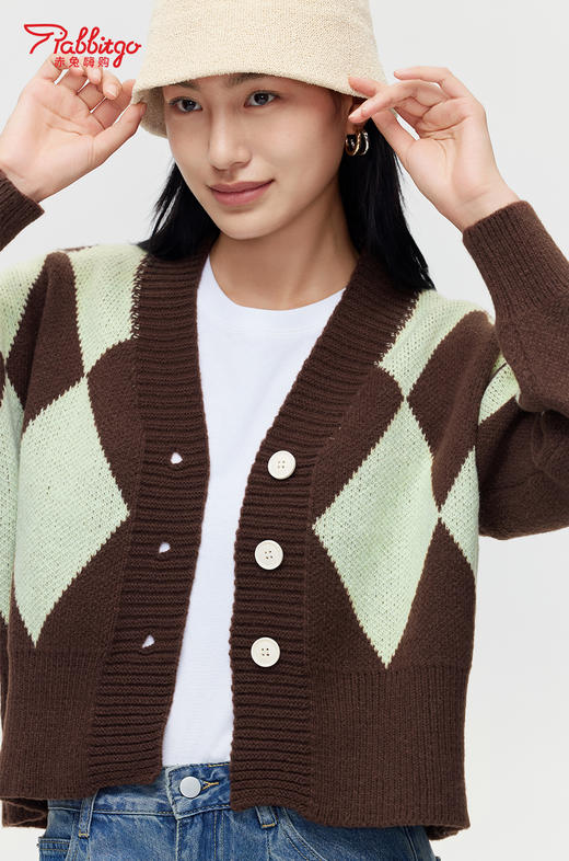 赤兔嗨购复古菱格针织开衫女秋冬季外搭法式高端优雅温柔软糯风毛衣 商品图1