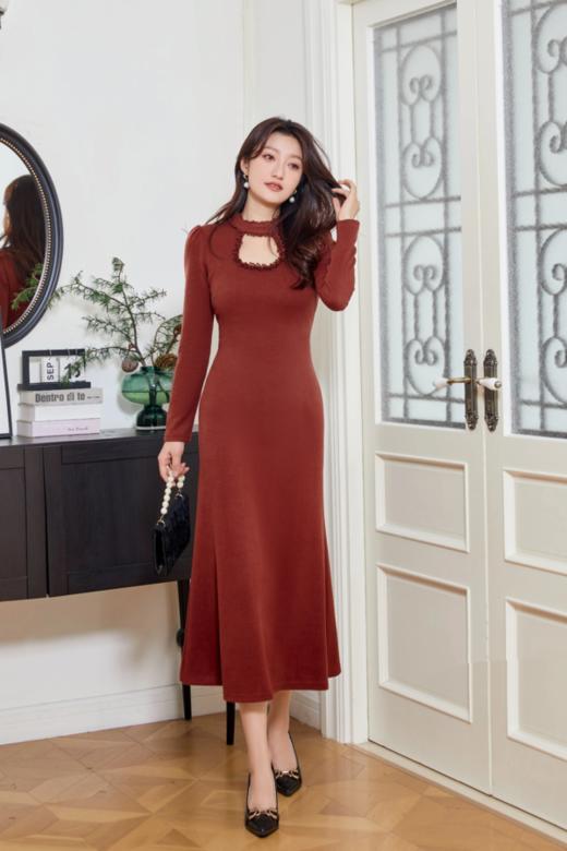 Le Malene 气质枣红色性感镂空连衣裙 19562 商品图1