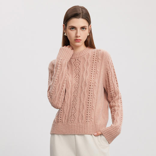 【绞花镂空羊绒衫】羊绒世家秋冬新品100%山羊绒圆领内搭保暖针织毛衣 商品图0