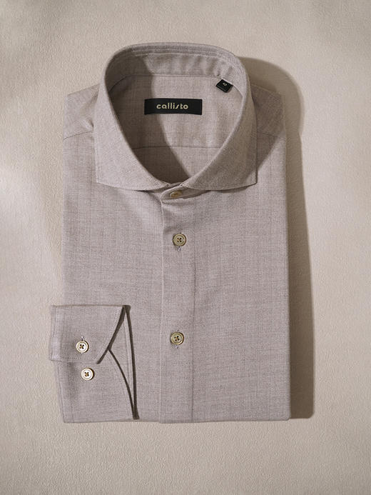 callisto“绒”系列卡其色桑蚕丝磨毛混纺长袖衬衫 商品图0