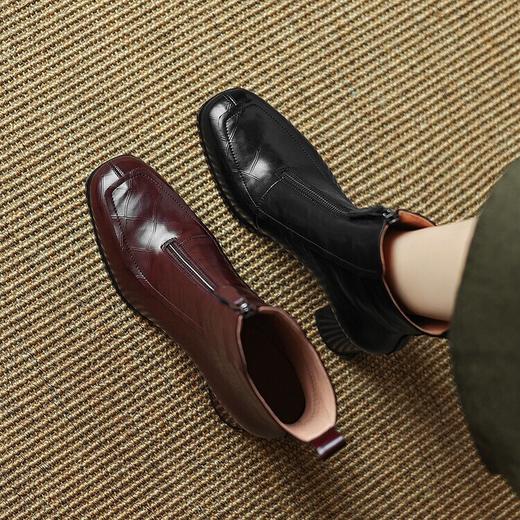 【预售5天】牛皮格纹前拉链马丁靴，粗跟显瘦英伦风酒红色圆头高跟短靴子LD&6978 商品图2