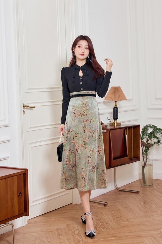 Le Malene 知性新中式水滴领拼接式连衣裙 19504 商品图0