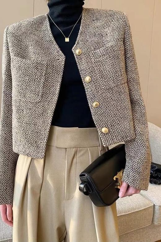 Le Malene V领卡其色编织肌理感短款外套 19548 商品图4