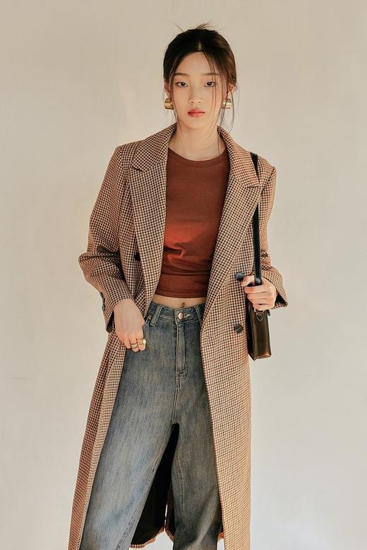 韩都衣舍/Handu Group 韩版格纹长款双排扣西装外套 15132 商品图1