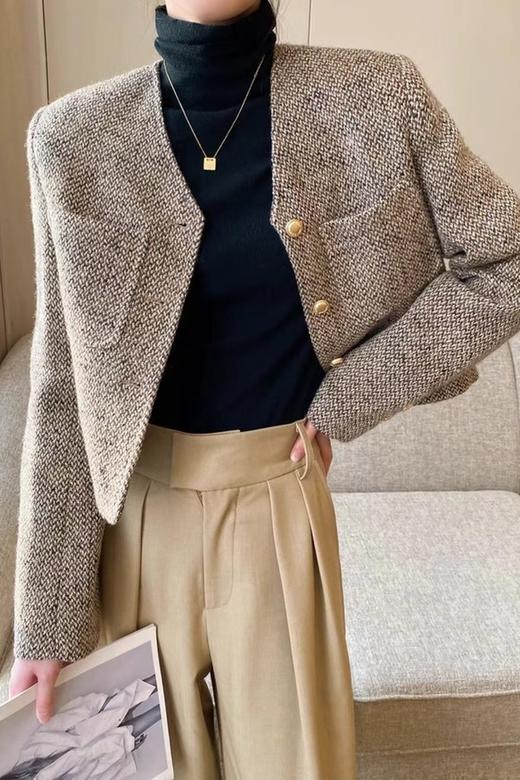 Le Malene V领卡其色编织肌理感短款外套 19548 商品图1