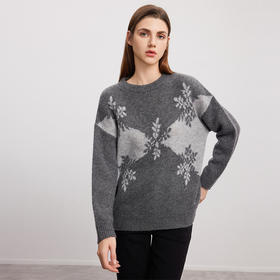 【羊绒+桑蚕丝针织衫】羊绒世家秋冬新品女士圆领针织套衫雪花图案内搭保暖毛衣