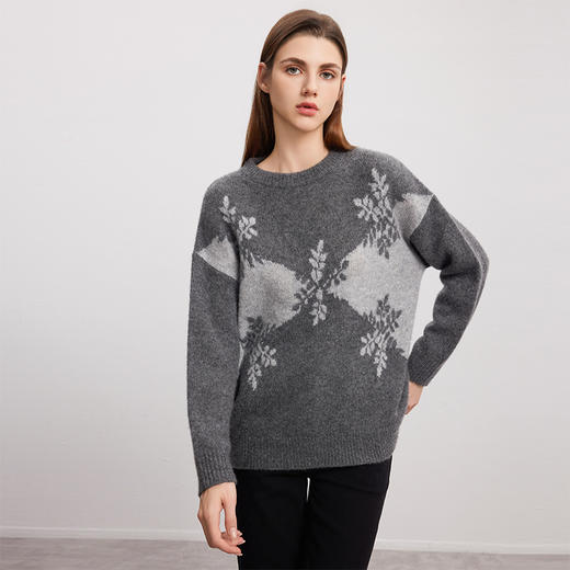 【羊绒+桑蚕丝针织衫】羊绒世家秋冬新品女士圆领针织套衫雪花图案内搭保暖毛衣 商品图0
