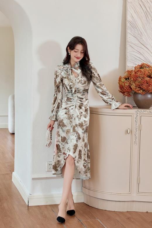 Le Malene 精致优雅丝绒印花飘带连衣裙 19516 商品图2