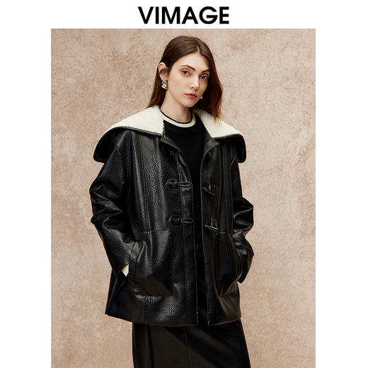 VIMAGE纬漫纪大翻领拼接休闲直筒外套冬新款V2203831 商品图5