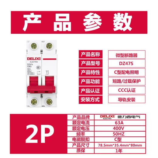 【DZ】德力西 DELIXI 微型断路器 空气开关家用空开 C型 2P 40A DZ47S 商品图1