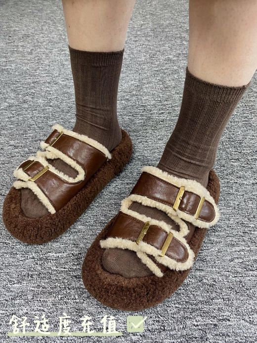 【勃肯拖鞋】跟高4厘米，黑棕两色【拍2减10】厚底棉拖鞋外穿慵懒增高毛毛拖鞋女，十几度温度穿没问题， 商品图3