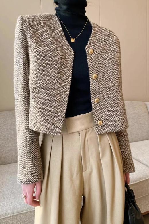 Le Malene V领卡其色编织肌理感短款外套 19548 商品图0