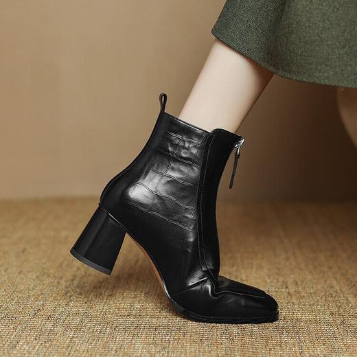 【预售5天】牛皮格纹前拉链马丁靴，粗跟显瘦英伦风酒红色圆头高跟短靴子LD&6978 商品图4