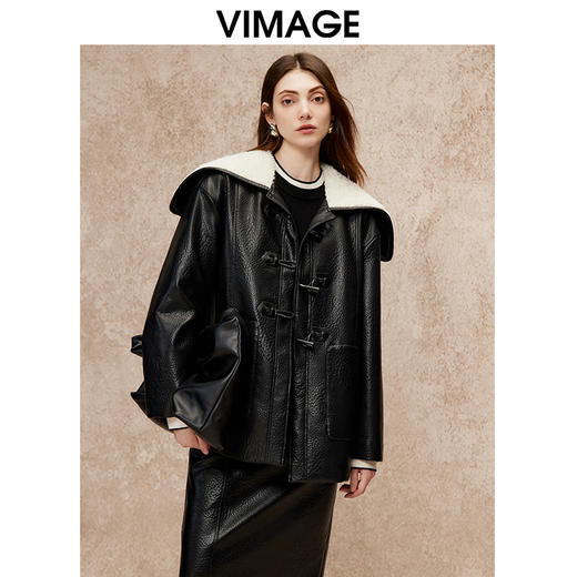 VIMAGE纬漫纪大翻领拼接休闲直筒外套冬新款V2203831 商品图0