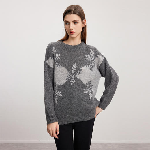 【羊绒+桑蚕丝针织衫】羊绒世家秋冬新品女士圆领针织套衫雪花图案内搭保暖毛衣 商品图2