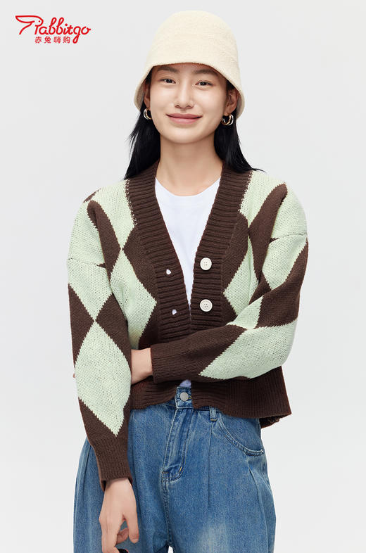 赤兔嗨购复古菱格针织开衫女秋冬季外搭法式高端优雅温柔软糯风毛衣 商品图2