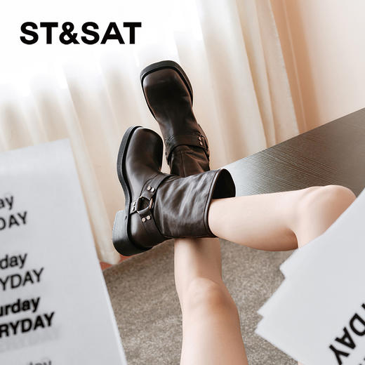 星期六复古金属扣方头粗跟中筒靴SSC4116396 商品图3