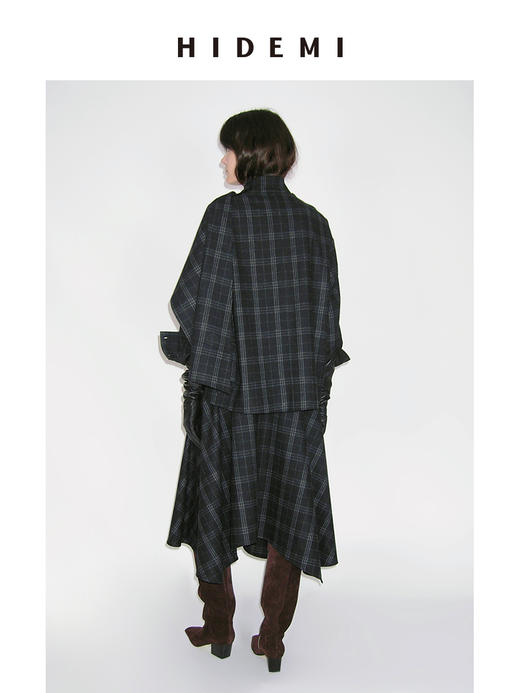 HIDEMI 进口色织格纹厚款羊毛可拆卸围巾设计感多穿式不对称剪裁外套衬衫半裙套装 商品图7