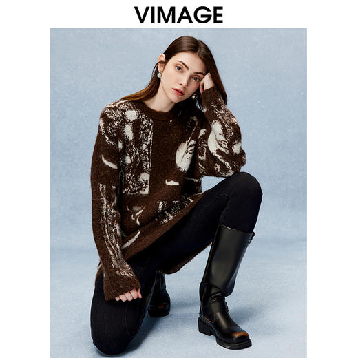 VIMAGE纬漫纪冬季新款印花慵懒风温柔宽松时尚显瘦针织衫V2201818 商品图0