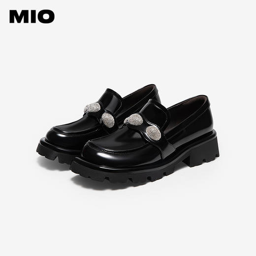 MIO米奥春季新品乐福鞋复古圆头闪钻粗跟百搭通勤黑色单鞋女M251532658 商品图2