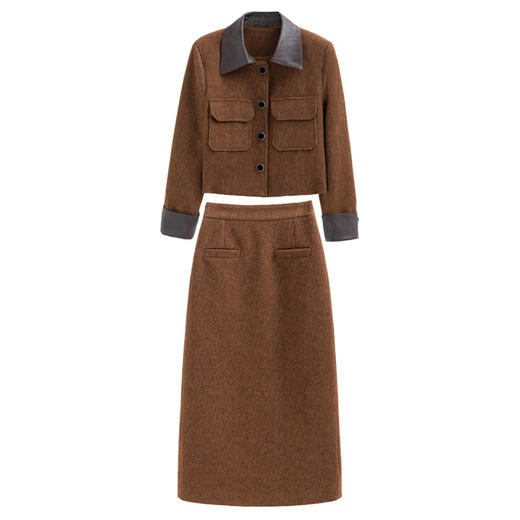 HR-YJLY1336A气质穿搭时尚套装裙新款秋季法式高级感女神范套装拼接pu皮两件套 商品图4