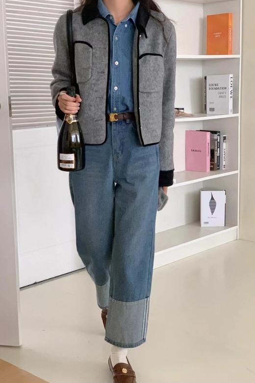 LNNNS 黑灰撞色翻领短款小香风外套 19513 商品图3