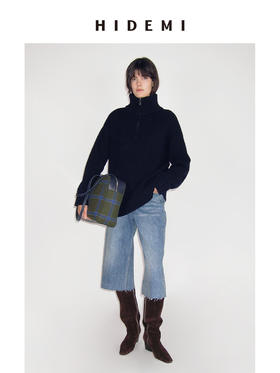 HIDEMI 澳洲进口美利奴羊毛藏蓝色拉链立领厚款廓形大毛衣