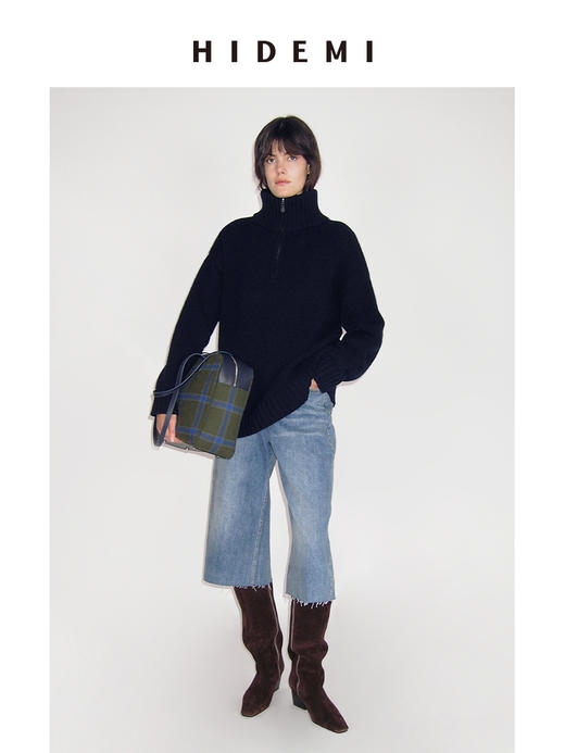 HIDEMI 澳洲进口美利奴羊毛藏蓝色拉链立领厚款廓形大毛衣 商品图0