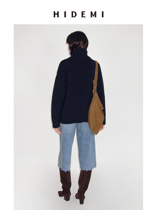 HIDEMI 澳洲进口美利奴羊毛藏蓝色拉链立领厚款廓形大毛衣 商品图4