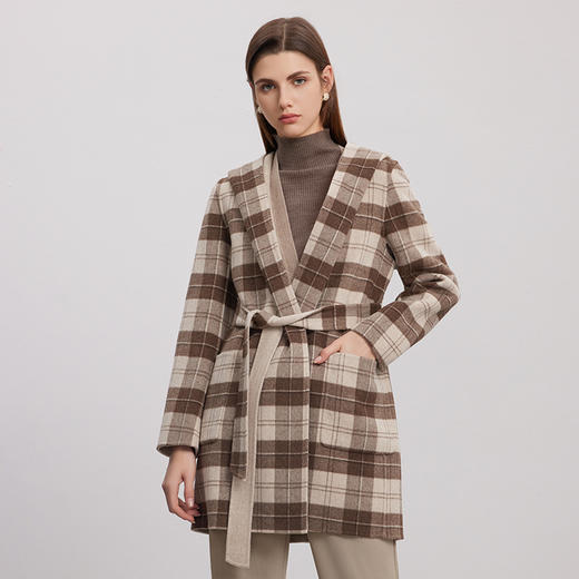 【格纹羊毛羊绒大衣】24年秋冬新品女士V领中长款系带收腰保暖外套 商品图0