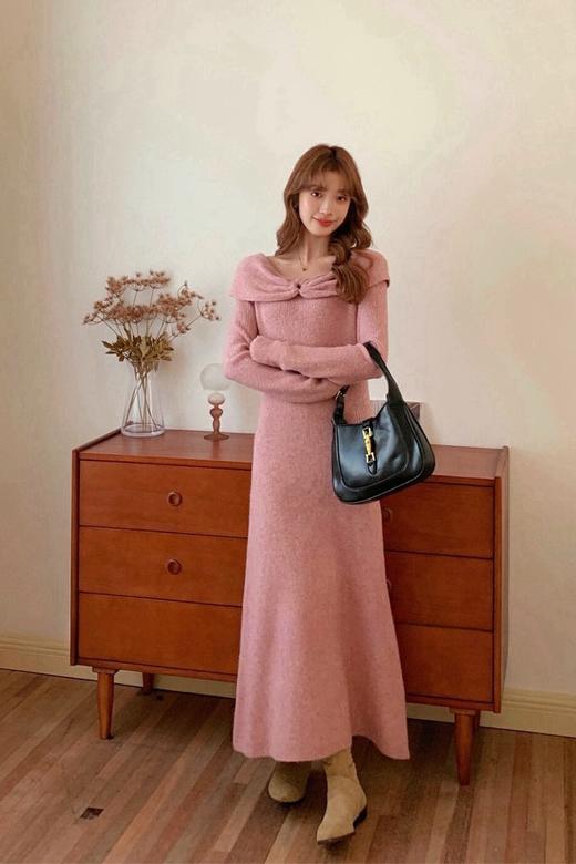 SIA SAYLOR 温柔气质一字肩针织连衣裙 19588 商品图0