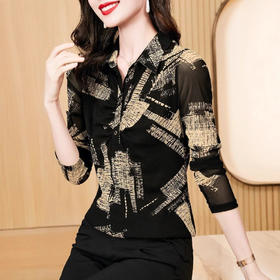 SMZ32766 2024冬季新款洋气百搭印花长袖上衣网纱高级感Polo领妈妈装打底衫