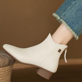 【预售5天】新款时尚舒适软皮软底短靴女圆头粗跟单靴通勤3cm羊皮靴子YF&D3125