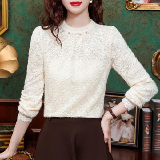 SMZ32773加绒加厚蕾丝打底衫高级感2024新款冬季内搭保暖上衣女洋气小衫潮 商品图3