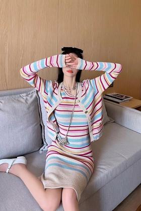 ANSUABEL 彩色条纹背心连衣裙针织开衫套装 15222