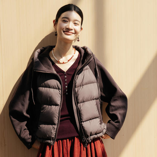 绽放542朵/秋冬设计感带帽材质拼接针织袖进口鸭绒保暖短款羽绒服 商品图0