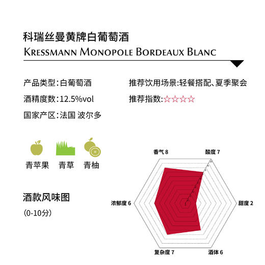 科瑞丝曼黄牌白葡萄酒，波尔多AOC Kressmann Monopole Blanc, France Bordeaux AOC 商品图1