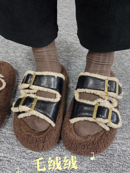 【勃肯拖鞋】跟高4厘米，黑棕两色【拍2减10】厚底棉拖鞋外穿慵懒增高毛毛拖鞋女，十几度温度穿没问题， 商品图4