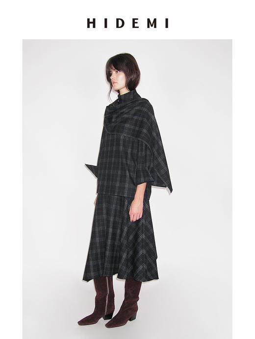 HIDEMI 进口色织格纹厚款羊毛可拆卸围巾设计感多穿式不对称剪裁外套衬衫半裙套装 商品图5