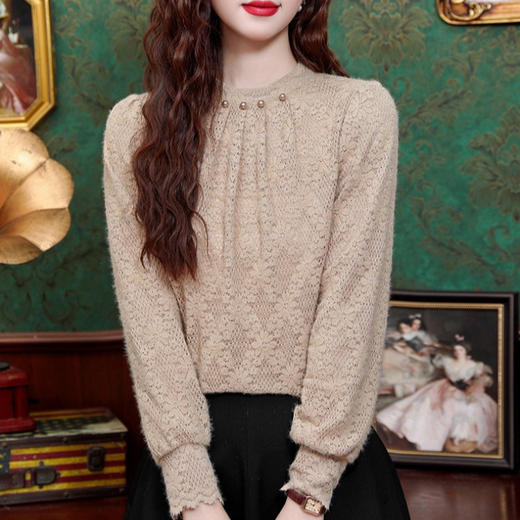 SMZ32773加绒加厚蕾丝打底衫高级感2024新款冬季内搭保暖上衣女洋气小衫潮 商品图2