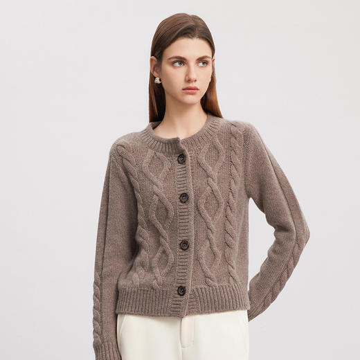 【绞花羊绒开衫】羊绒世家秋冬新品女士100%山羊绒圆领针织绞花开衫外套 商品图1