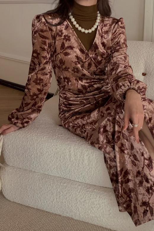 Le Malene V领复古丝绒印花收腰连衣裙 19522 商品图5