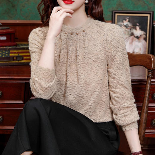 SMZ32773加绒加厚蕾丝打底衫高级感2024新款冬季内搭保暖上衣女洋气小衫潮 商品图0