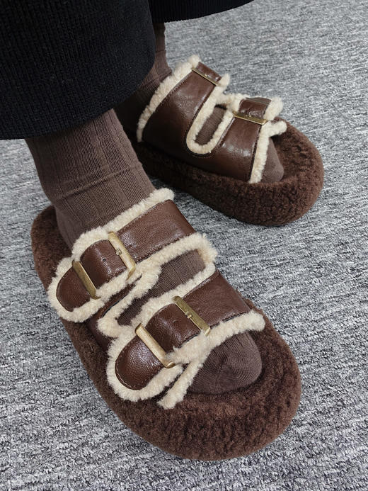 【勃肯拖鞋】跟高4厘米，黑棕两色【拍2减10】厚底棉拖鞋外穿慵懒增高毛毛拖鞋女，十几度温度穿没问题， 商品图2