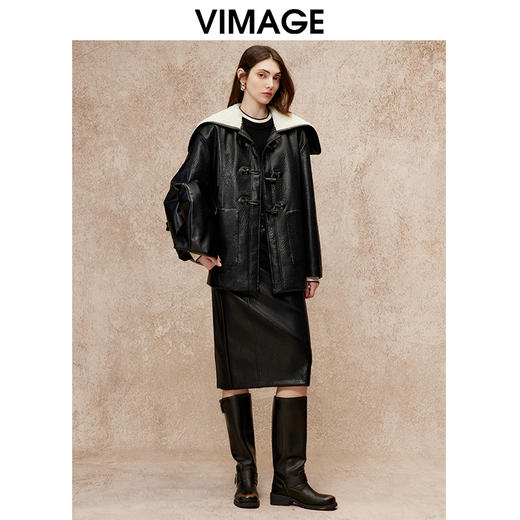 VIMAGE纬漫纪大翻领拼接休闲直筒外套冬新款V2203831 商品图1