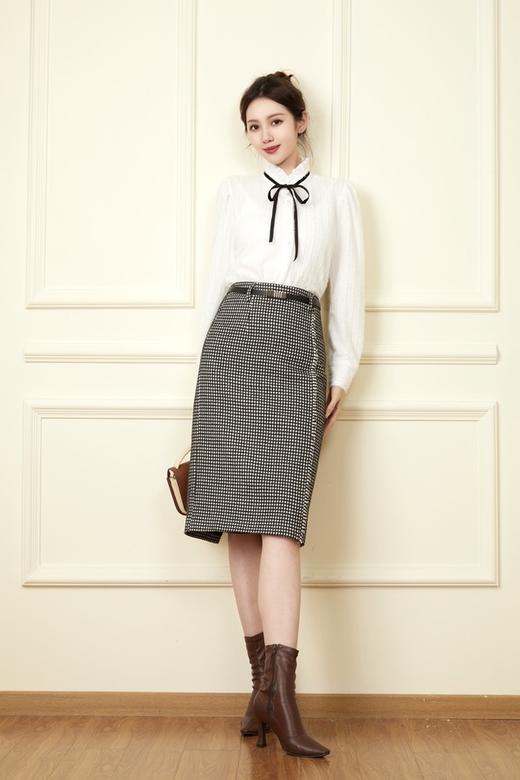 Le Malene 复古高腰中长款格纹半裙 19575 商品图2