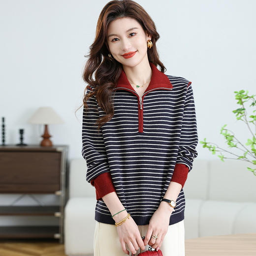 CC-17-6765小个子半拉链立领毛衣女士2024新款秋冬季洋气条纹显瘦厚款打底衫 商品图3