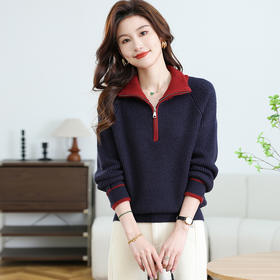 CC-17-6763高领毛衣女款2024新款秋冬拼色洋气拉链小个子针织上衣内搭打底衫