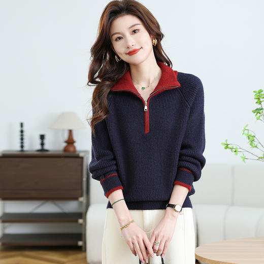 CC-17-6763高领毛衣女款2024新款秋冬拼色洋气拉链小个子针织上衣内搭打底衫 商品图0